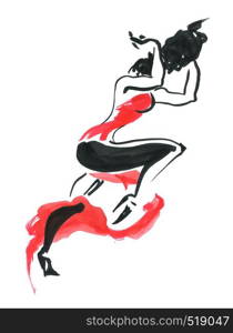 Flamenco. Beautiful Dancing Woman. Watercolor latin dancer. Ink hand painting illustration.. Flamenco. Beautiful Dancing Woman