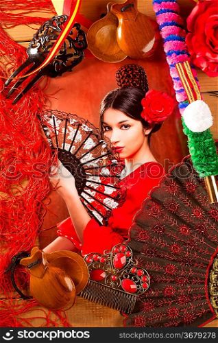 Flamenco woman with bullfighter and typical Spain Espana elements like castanets fan and comb