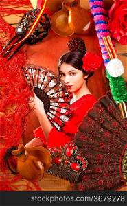 Flamenco woman with bullfighter and typical Spain Espana elements like castanets fan and comb