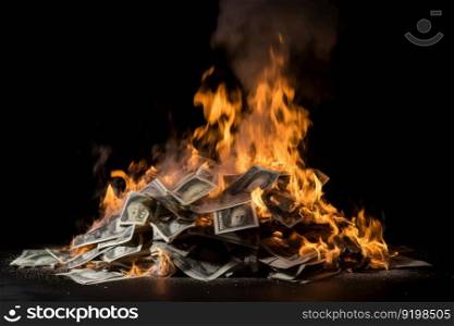 Flames consume a stack of banknotes, representing the risks and liabilities of the finance market AI Generative.