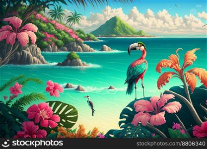 flamingo bird sandy beach and soft blue ocean