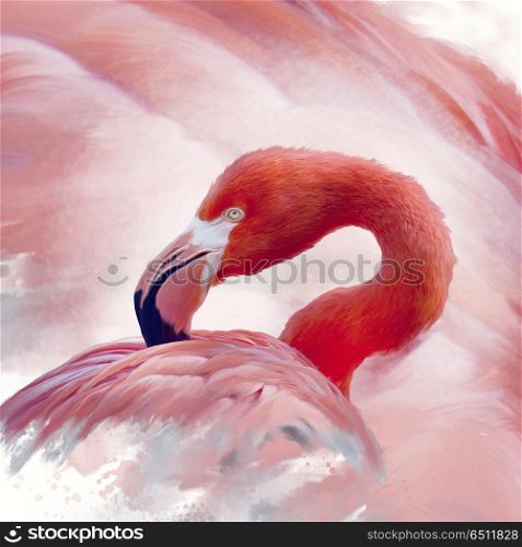 Flamingo portrait watercolor digital painting. Flamingo watercolor painting