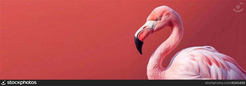 Flamingo profile on a red uniform background. Beautiful colorful bird. Generative AI.. Flamingo profile on a red uniform background. Beautiful colorful bird. Generative AI 