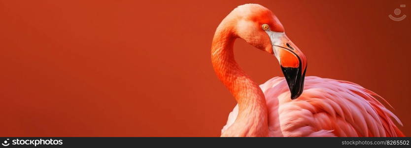 Flamingo profile on a red uniform background. Beautiful colorful bird. Generative AI.. Flamingo profile on a red uniform background. Beautiful colorful bird. Generative AI 