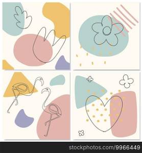 Flamingos, Heart, Leaves and Flowers. Hand drawn outline style  with various shapes and doodle objects. Abstract Geometric Memphis card pastel colors. Minimal Continuous line Vector illustration.