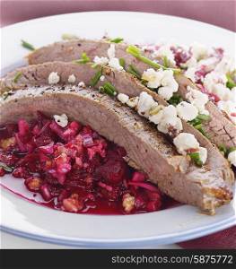 Flank Steak with Beet Salad and Gorgonzola Cheese