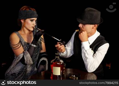 flapper girl smoking and young gangster in hat
