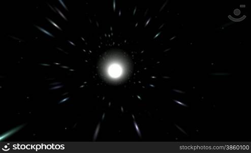 Flash on a dark background star. The camera quickly flies to meet the White Hole, flies into her and filled all the white light