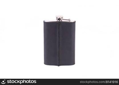 Flask for alcohol trimmed with leather on a white background. Stainless steel hip flask with leather cover isolated on white background