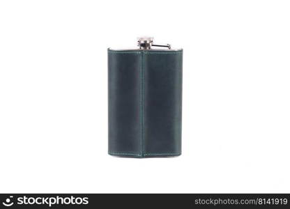 Flask for alcohol trimmed with leather on a white background. Stainless steel hip flask with leather cover isolated on white background