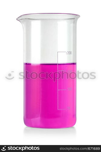 Flask with pink liquid isolated over white background , with clipping path