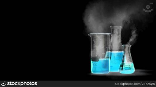 Flasks with blue liquid isolated on black background with smoke