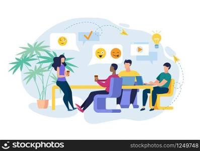 Flat Banner Development Relationships at Work. Lounge for Eating. Girl Communicates at Work with Men During Coffee Break. Guys Look at Beautiful Girl in Office. Vector Illustration.