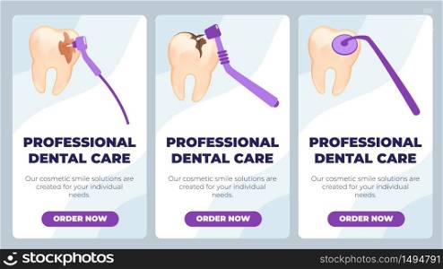 Flat Banner is Written Professional Dental Care. Thorough Daily Oral Hygiene. Removal Tartar, Tooth Filling and Caries Prevention. Vector Illustration Landing Page. Interdental Brush.