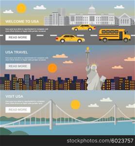 Flat Banners Set USA TRavel Information. Night cityscape bridge and liberty statue 3 flat banners for USA travelers information webpage design abstract vector illustration