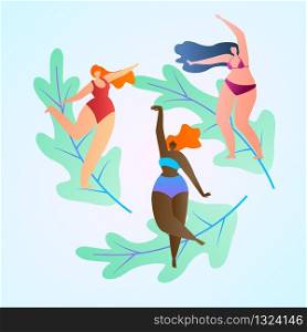 Flat Colorful Poster Summer Vacation on Beach. Beautiful Girls in Bathing Suits Dancing on Leaves. Happy Young Women Practice Yoga Poses on Beach in Summer. Vector Illustration Cartoon.
