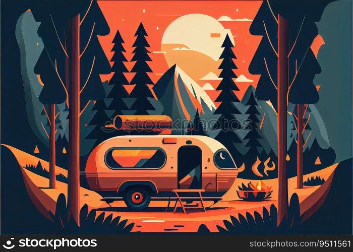 Flat design of c&ing van in the forest. Generative AI design. Flat design of c&ing van in the forest. Generative AI