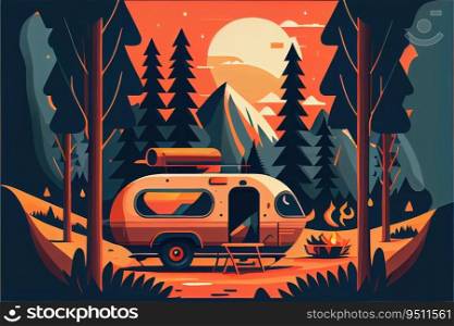 Flat design of c&ing van in the forest. Generative AI design. Flat design of c&ing van in the forest. Generative AI