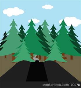 Flat design scene of hunting in fir forest. Vector illustration.
