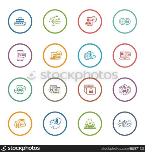 Flat Design Security and Protection Icons Set. Isolated Illustration. App Symbol or UI element. Personal Access and Assistence Symbol, Global Safety and Security Symbol, Payment Security Symbol.