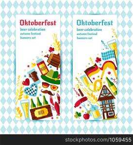 Flat design vector banners set with oktoberfest celebration symbols. Oktoberfest celebration design with Bavarian hat and autumn and germany symbols.Autumn banner on blue background. Vertical position. Flat design vector banners set with oktoberfest celebration symbols. Oktoberfest celebration design with Bavarian hat and autumn and germany symbols.