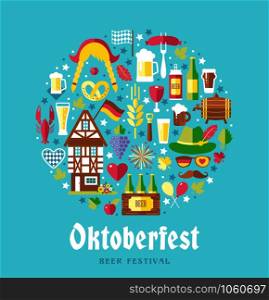 Flat design vector set icons with oktoberfest celebration symbols. Oktoberfest celebration design with Bavarian hat and autumn leaves and germany symbols on blue background.. Flat design vector set icons with oktoberfest celebration symbols. Oktoberfest celebration design with Bavarian hat and autumn leaves and germany symbols
