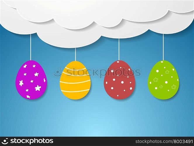 Flat design with Easter eggs and clouds. Flat Easter holiday design. Blue background with bright eggs and paper clouds