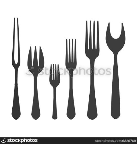Flat different forks for kitchen icons. Flat forks set isolated on white background. Vector different forks for kitchen icons