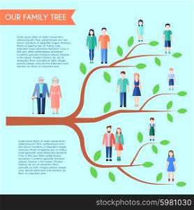 Flat Family Tree Poster. Flat style family poster with horizontal tree human figures and text on transparent background vector illustration