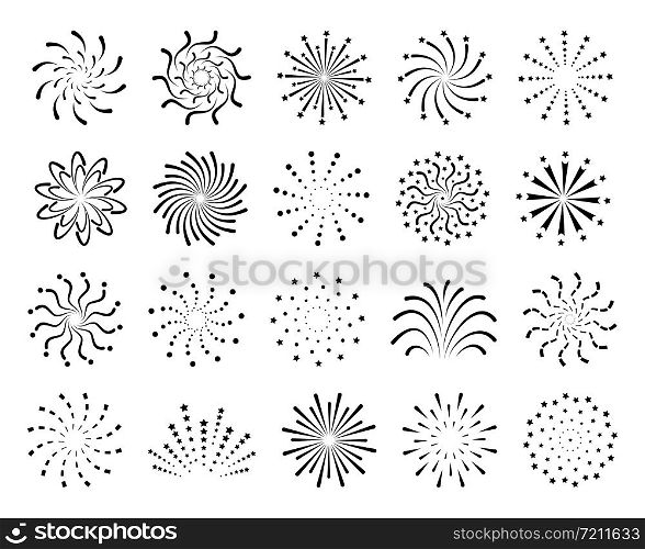 Flat fireworks. Festive christmas salute, new year celebration pyrotechnic explosions with sparks. Firecrackers isolated vector shoots entertainment set. Flat fireworks. Festive christmas salute, new year celebration pyrotechnic explosions with sparks. Firecrackers isolated vector set