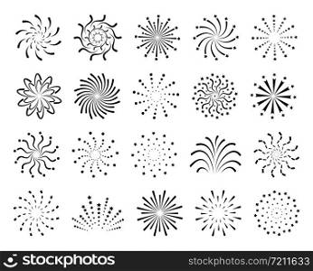 Flat fireworks. Festive christmas salute, new year celebration pyrotechnic explosions with sparks. Firecrackers isolated vector shoots entertainment set. Flat fireworks. Festive christmas salute, new year celebration pyrotechnic explosions with sparks. Firecrackers isolated vector set