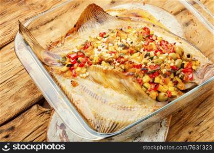 Flat-fish with vegetables on rustic background.Fried fish with vegetable filling. Baked plaice stuffed with vegetables