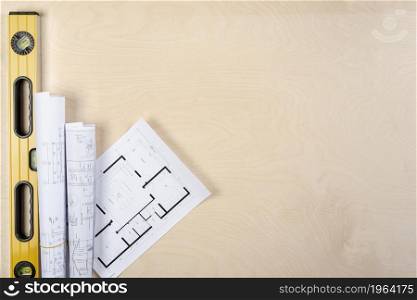 flat lay architectural plans desk with copy space. High resolution photo. flat lay architectural plans desk with copy space. High quality photo