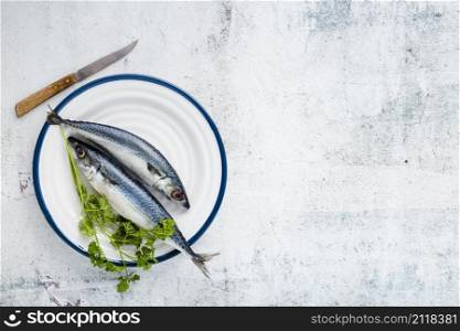 flat lay arrangement with cooked fish stucco background