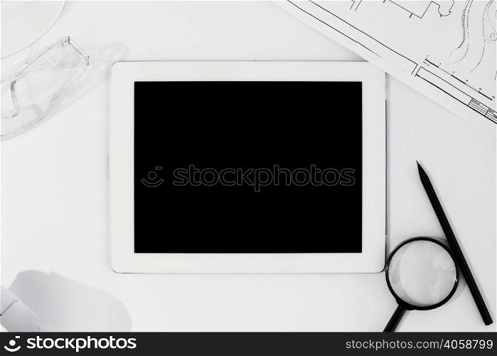flat lay arrangement with tablet white background