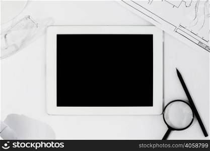 flat lay arrangement with tablet white background