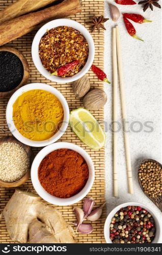 flat lay asian food spices mix chopsticks. High resolution photo. flat lay asian food spices mix chopsticks. High quality photo