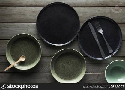 flat lay assortment plates with cutlery