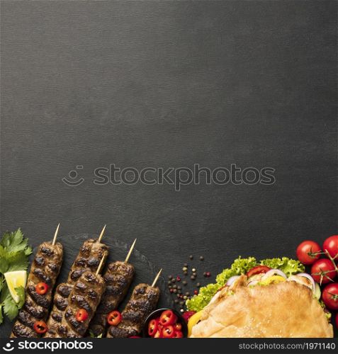 flat lay assortment tasty kebabs with copy space. High resolution photo. flat lay assortment tasty kebabs with copy space. High quality photo