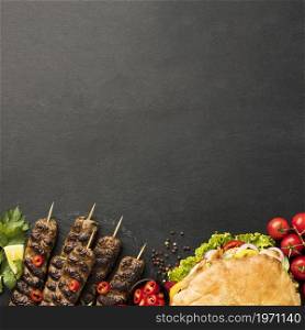 flat lay assortment tasty kebabs with copy space. High resolution photo. flat lay assortment tasty kebabs with copy space. High quality photo