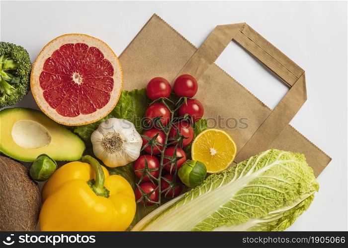 flat lay assortment vegetables with paper bag. Beautiful photo. flat lay assortment vegetables with paper bag