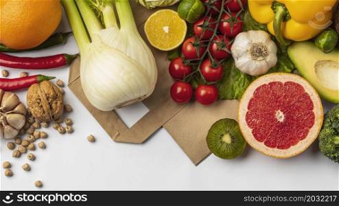 flat lay assortment vegetables with paper bag copy space