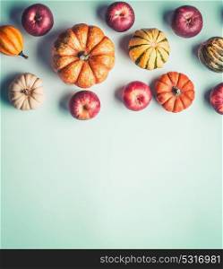 Flat lay autumn border with various pumpkin and apples , top view. Retro style. Creative autumn layout background