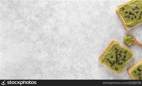 flat lay avocado toast with seeds copy space