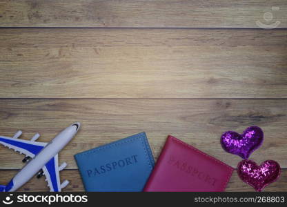 Flat-lay background for love couple traveling honeymoon concept for Valentine background