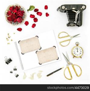 Flat lay background with red roses flowers, vintage camera and photo frames