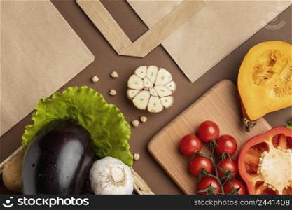 flat lay basket organic vegetables with paper bag