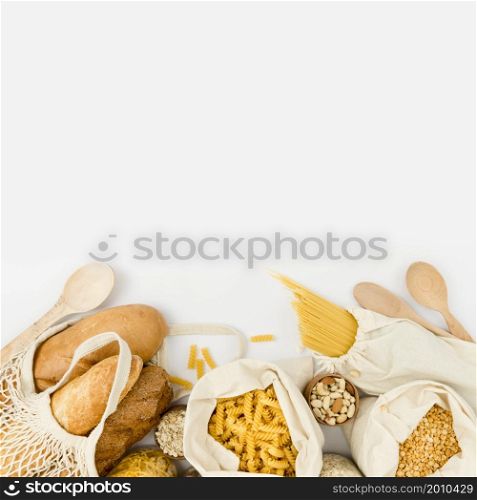 flat lay bread reusable bag with bulk pasta