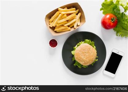 flat lay burger fries plate with copyspace