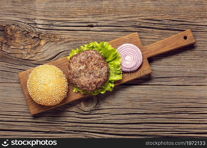 flat lay burger ingredients cutting board. High resolution photo. flat lay burger ingredients cutting board. High quality photo